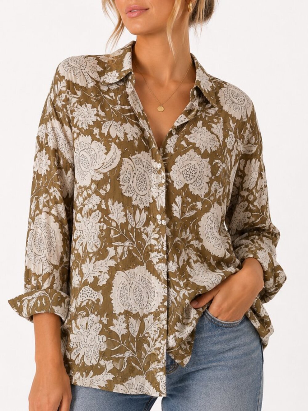 Tulip 100% Cotton Block Print Floral Button Down Shirt XL Boho